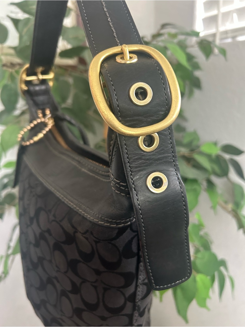 Coach Bleeker Black Signature Canvas Shoulder Bag with Gold Hardware